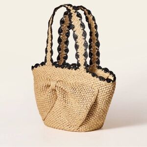 kate spade Natural Raffia Tote with Black Scalloped Trim